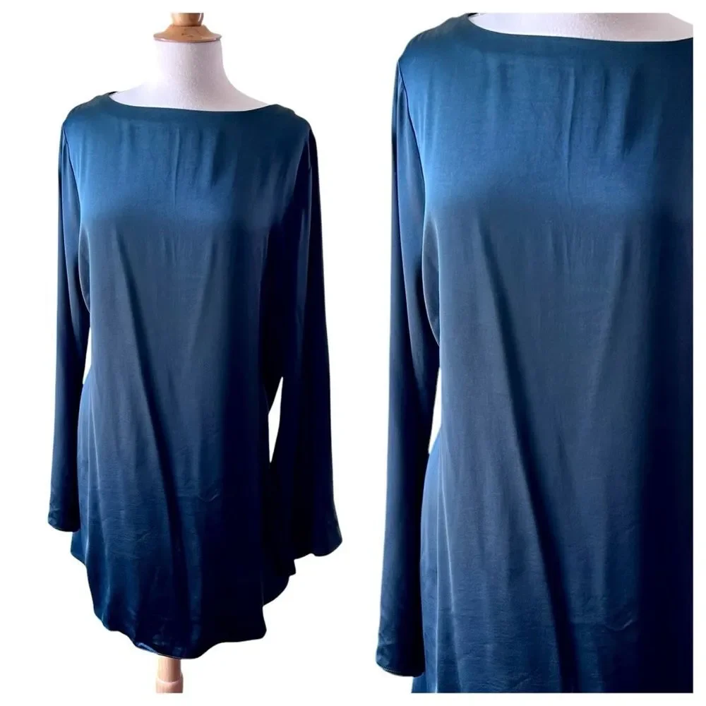 MADEWELL Dark Green Satin Long Bell Sleeve Mini Dress - XL - Picture 4 of 10